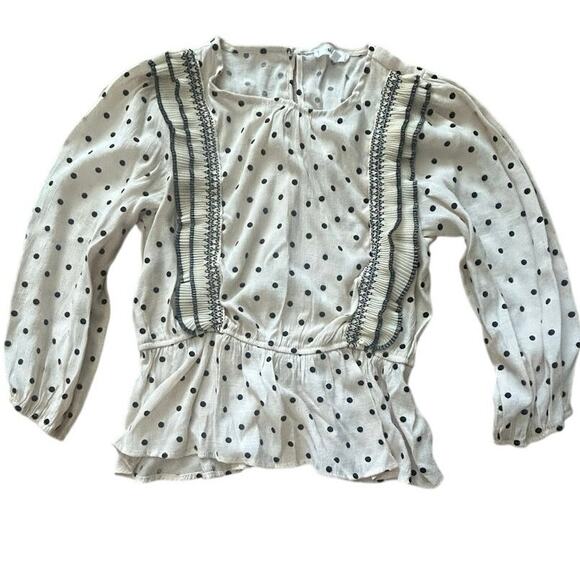 Mine Cream Polka Dot Ruffle Peplum Blouse Boho Long Sleeve Top Size Large - Picture 2 of 6
